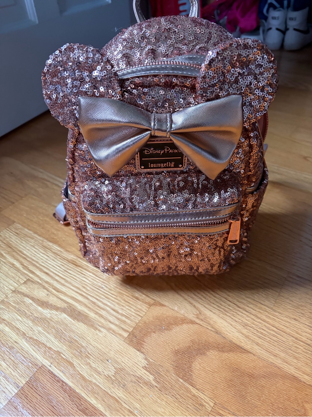Disney Rose Gold Sequin Minnie Ear Mini Backpack with Metallic Bow